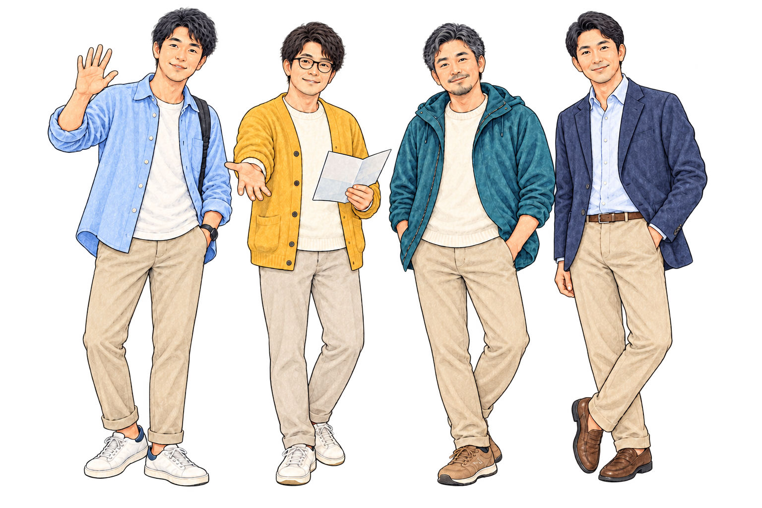お迎えする男性4人のイメージイラスト。実際の参加男性・人数を表すものではありません。